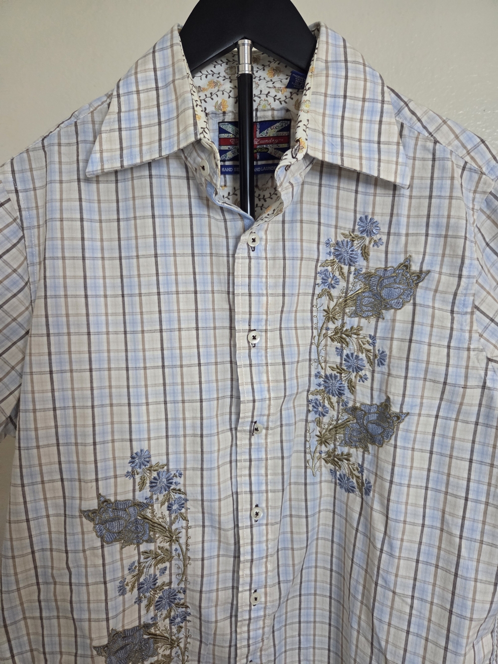 Embroidered Plaid Cotton Button-Up Shirt - Light Blue/Cream